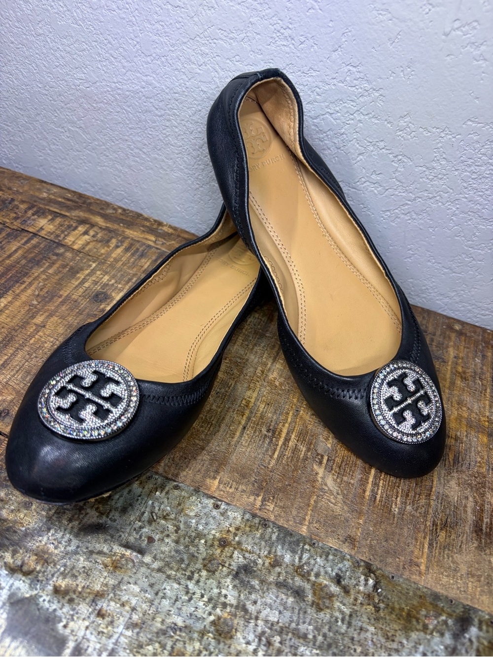 Tory Burch Navy Blue Leather Ballet Flats with Crystal Logo Medallions